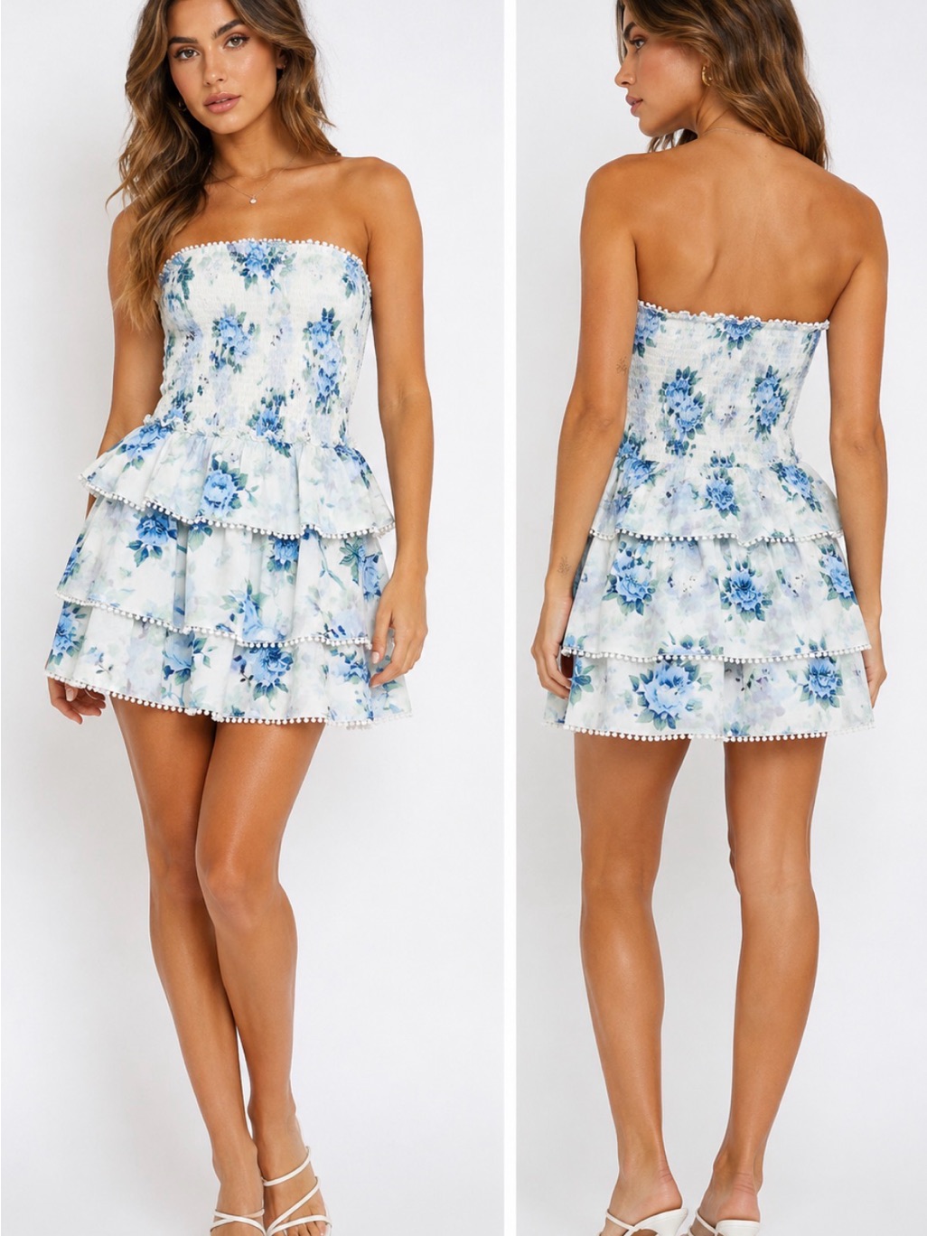 Nwt Princess Polly Us 0 Blue Floral Strapless Smocked Tiered Mini Dress